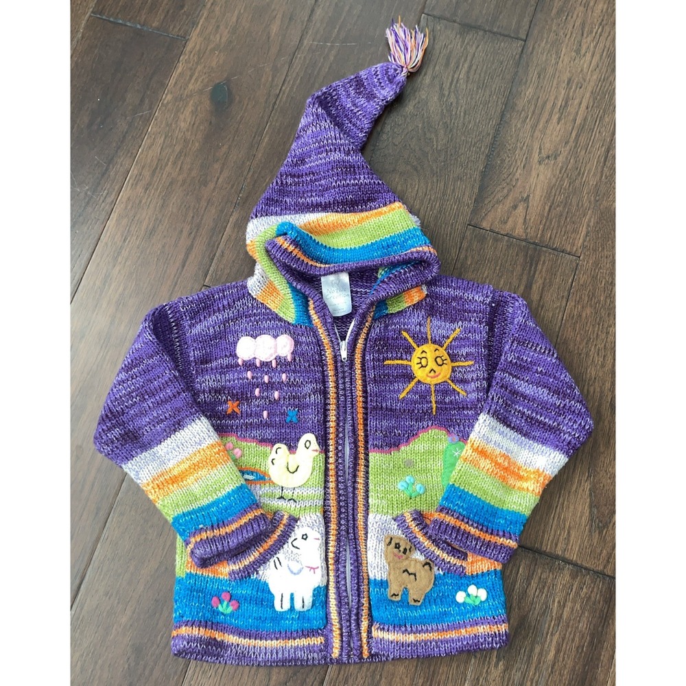 Vintage Peruvian Sweater Toddler Hoodie jacket Full Zip Nature Animals 5-7
